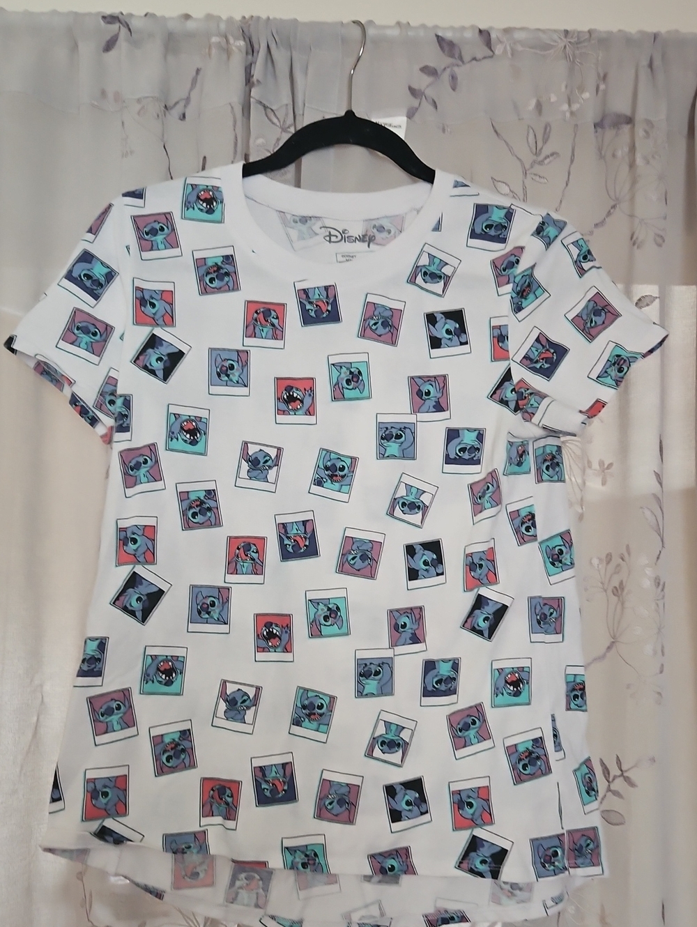 Disney White Tee with Multicolor Stitch Polaroid Prints